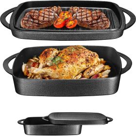 2-in-1 Pre-seasoned Square Cast Iron Baking Dish Cookware Pan