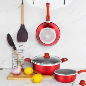 6 PCS Nonstick Cookware Set, Kitchen Cookware Set, Pan Set, Frying Pan, Stock Pot, Milk Pan with Cool Touch Handle Red