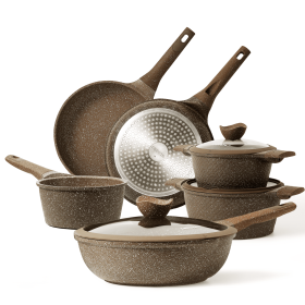 Nonstick Granite Cookware Sets, 9 Pcs Brown Granite Pots and Pans Set, Induction Stone Kitchen Cooking Set