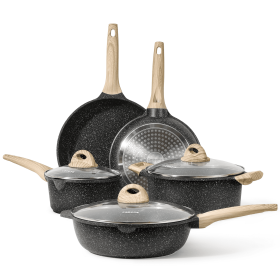 Nonstick Pots and Pans Set, 8 Pcs Granite Stone Kitchen Cookware Sets (Black)