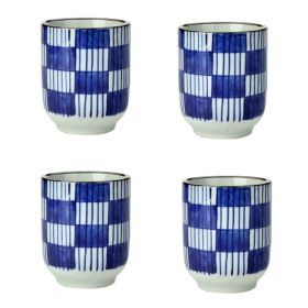 4Pcs Japanese Style Blue White Blocks Ceramic Teacups Small Straight Wine Cups 150ML