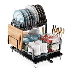 2-Tier Dish Drying Rack for Kitchen Counter Space Saving Rustproof Dish Rack with Drainboard Detachable Kitchen Drainer Organizer Set  - Black