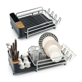 Aluminum Expandable Dish Drying Rack with Drainboard and Rotatable Drainage Spout - Dark grey