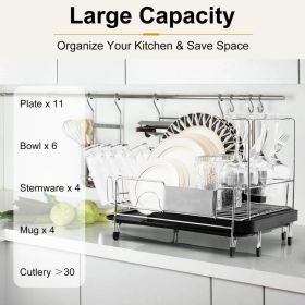 Stainless Steel Expandable Dish Rack with Drainboard and Swivel Spout - Black