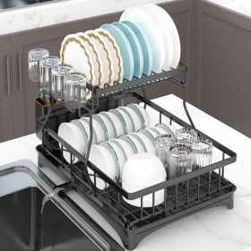 Dish Drying Rack for Kitchen Counter;  2 Tier with Drain Set Cup Holder Utensil Holder Stainless Steel Black