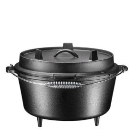 Pre-seasoned Cast Iron Dutch Oven with Flanged Iron Lid for Campfire or Fireplace Cooking; Flat Bottom 8-qt