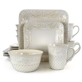 Ivory Lotus 16 Piece Square Stoneware Dinnerware Set - Multicolor