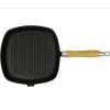Cast Iron Grill Pan BBQ Skillet Wooden Handle