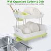2-Tier Dish Drying Rack Cutlery Drainer Holder Kitchen Organizer Storage Shelf - Green & White