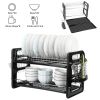 2 Tier Dish Drying Rack Drainboard Set Anti-Rust Dish Drainer Shelf Tableware Holder Cup Holder For Kitchen Counter Storage - Black